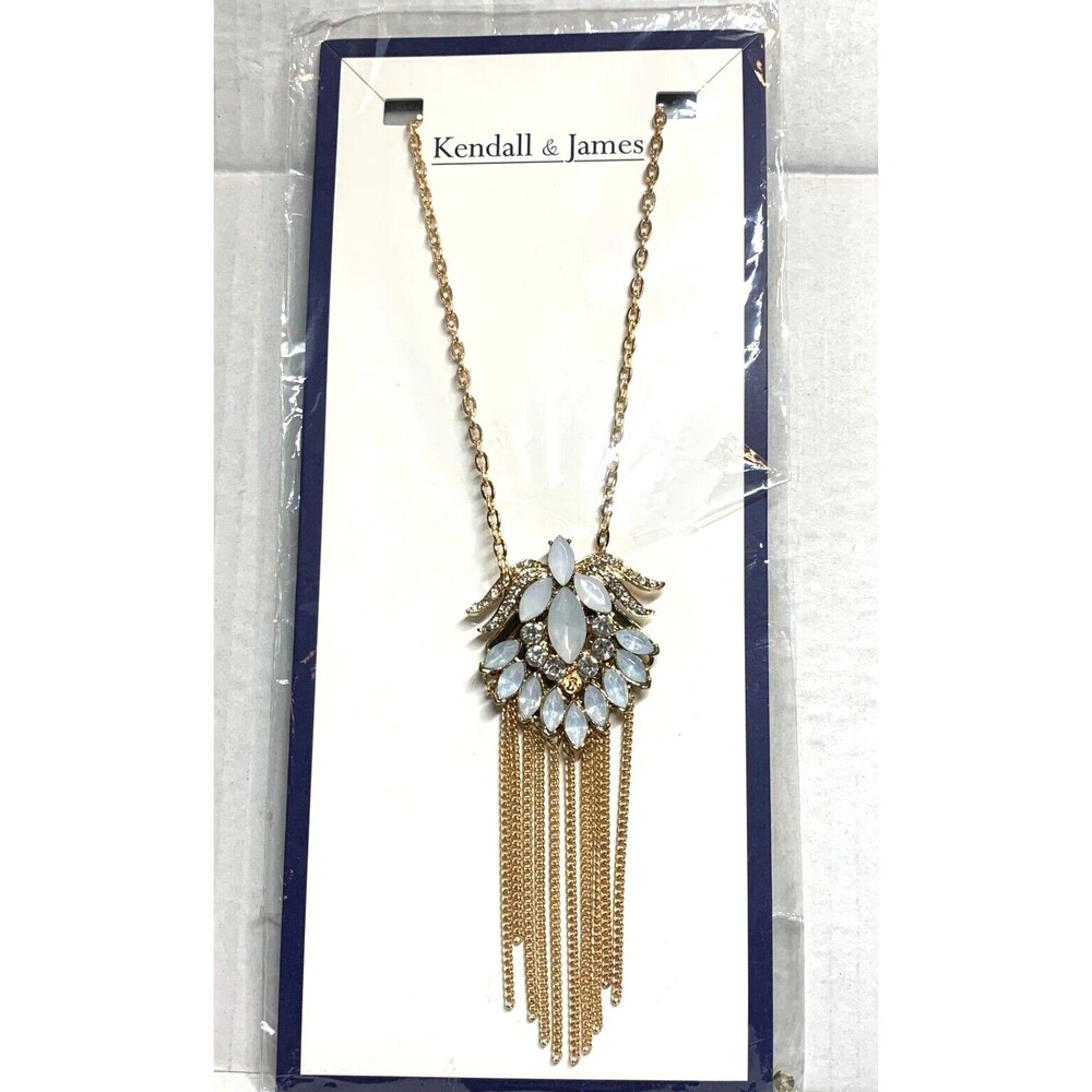 Kendall & James Gold Tone White Rhinestone Leaf Pendant Statement Necklace 15" L